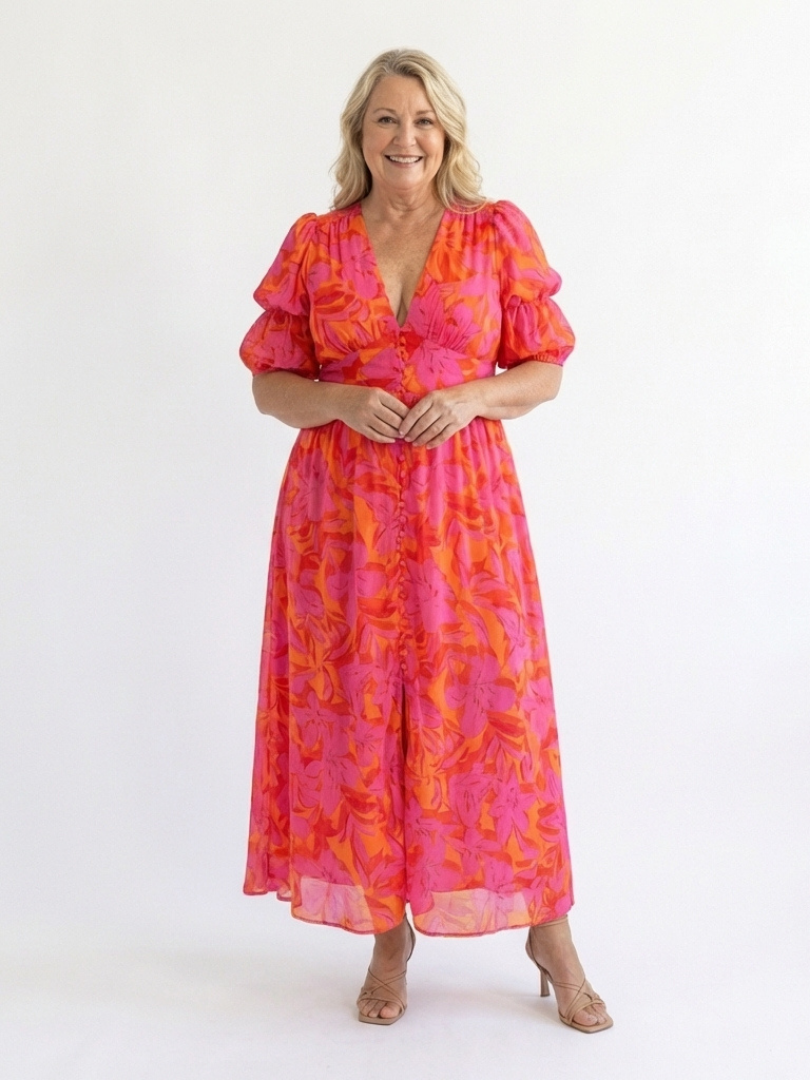 Alice| Midi-Kleid mit Puffärmeln und Blumenmuster