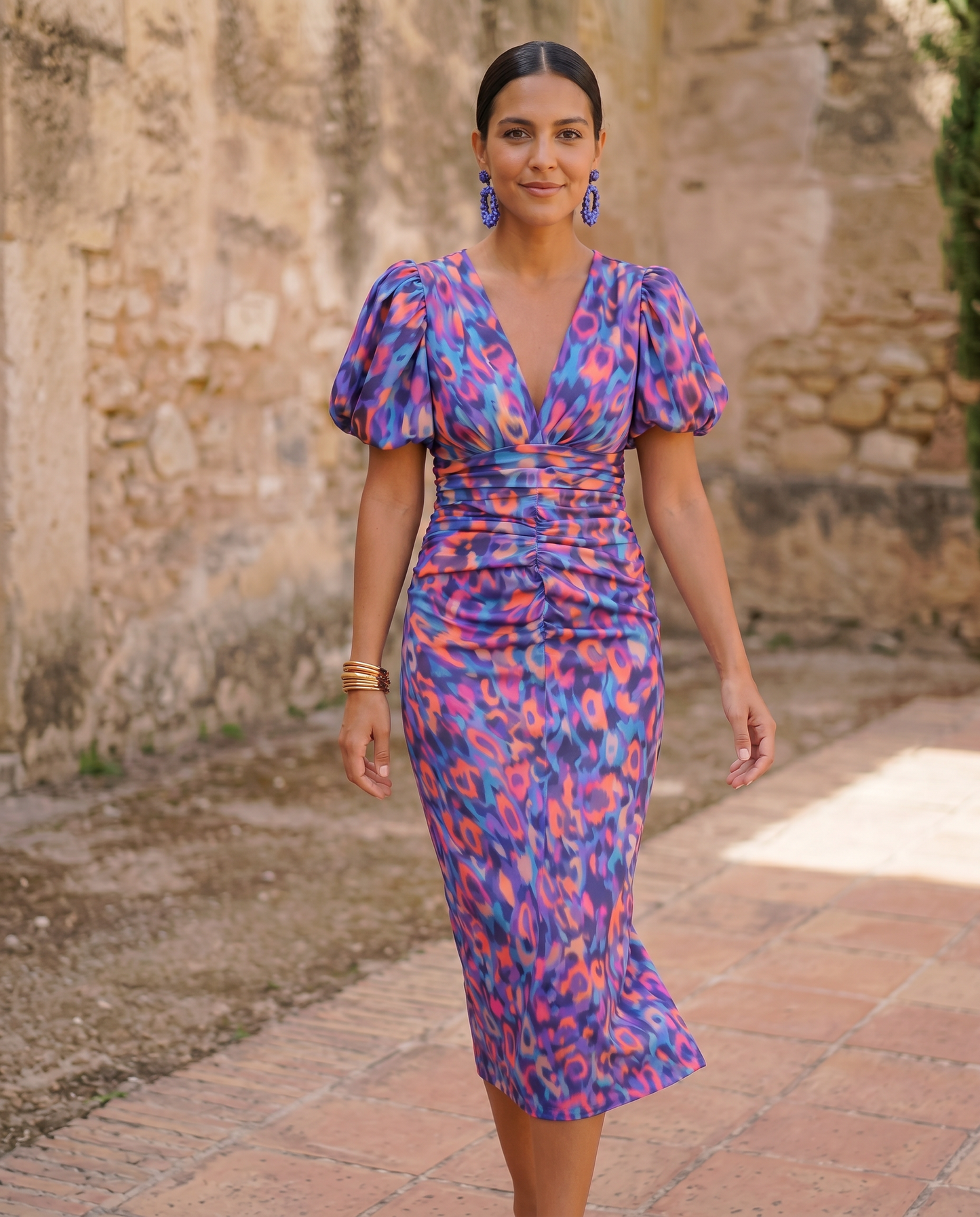 Carla | Bedrucktes Midi-Kleid mit Puffärmeln