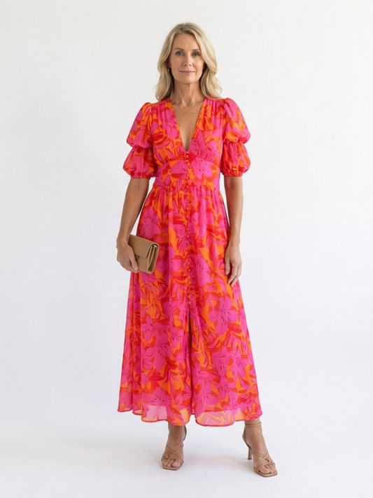 Alice| Midi-Kleid mit Puffärmeln und Blumenmuster
