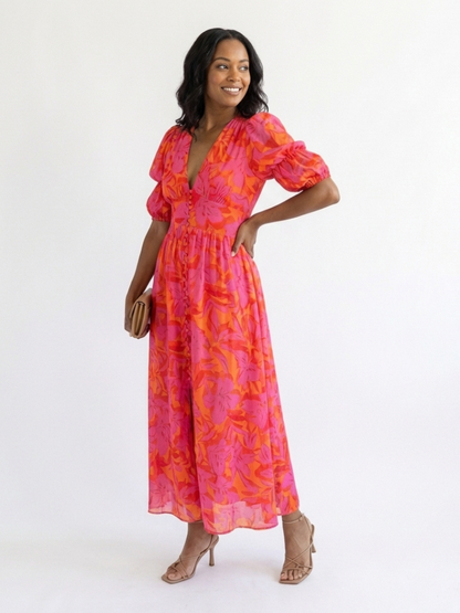 Alice| Midi-Kleid mit Puffärmeln und Blumenmuster
