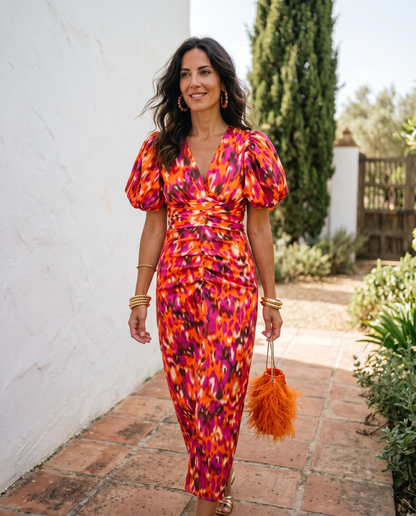 Carla | Bedrucktes Midi-Kleid mit Puffärmeln